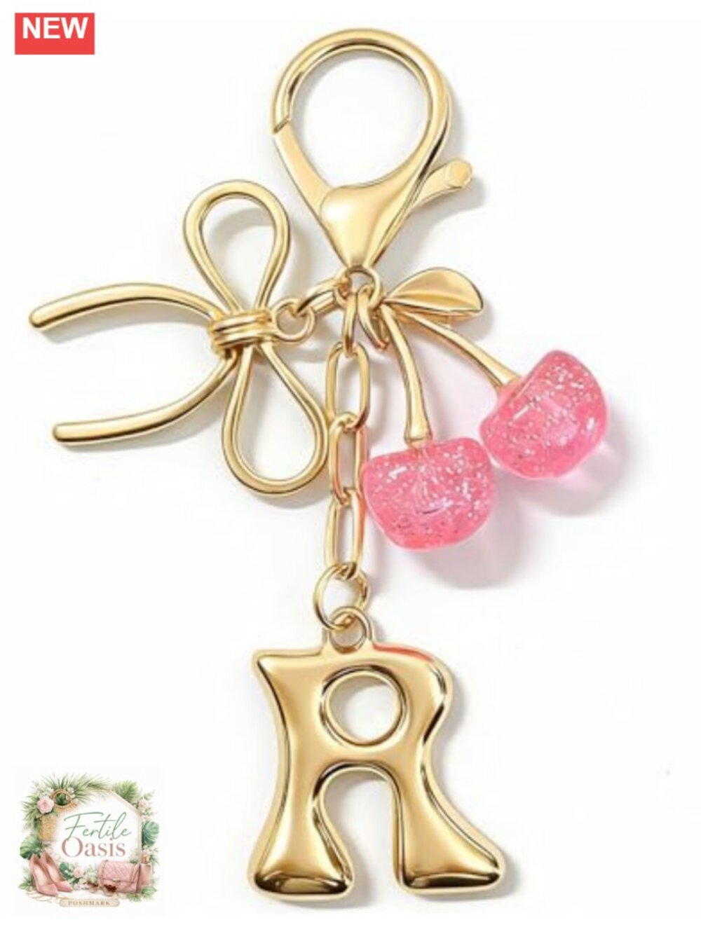 Gold Plated Keychain with Bow & Cherry Charms, Letter Pendant, Handbag Accessory